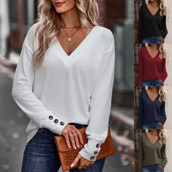  Жени Есен 2023 Твърди дълъг ръкав V врата върховете Твърди Loose T риза върховете пуловер извънгабаритни елегантни ризи прави дрехи