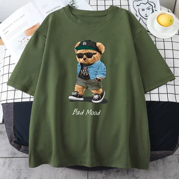  Get Mad Bad Mood Walking Silent Teddy Bear Male Cotton T Shirts Personality Street Tops Casual Oversize Clothes Men Short Sleeve