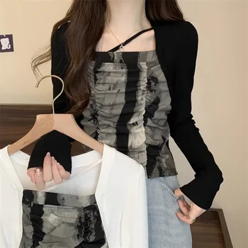  Черен фалшив две части квадратно деколте вратовръзка боядисани дълъг ръкав тениска за жените есен нов вътрешен съвпадение база риза къс връх