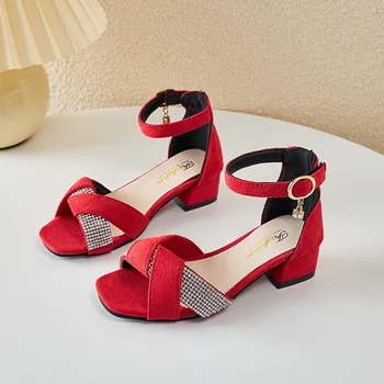 Деца Мери Джейнс за парти сватбени представления 2023 Нови ниски токчета плисирани кристали шик момичета сандали класически червени детски обувки PU