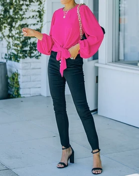  Женско облекло Удобно минималистично кръгло деколте вързани детайл декорация фенер ръкав дизайн Топ 2023 нови ежедневни твърди блузи