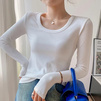  Корейски стил дрехи памук T риза жени есента дълъг ръкав винт нишка Топ основни тениски тънък тениска Femme Camiseta Mujer