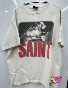  Loose White Saint Michael Space Tee Men Women Cartoon Graphic Saint Michael T-shirt High Quality Tops Japan Short Sleeve