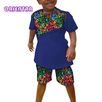  Детски африкански дрехи 2 броя комплект африкански печат памук къс ръкав Dashiki риза и къси панталони за момчета облекло WYT745