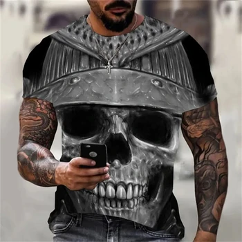  Мъжка тенденция 3D модел къс ръкав персонализиран ужас стил улично облекло големи мъжки кръг врата отгоре хладно череп печат тениска