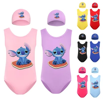  2023 Нов Disney Stitch Summer Cartoon Print Сладък потник кръг врата момичета плаж външна мода бански 2-12 години