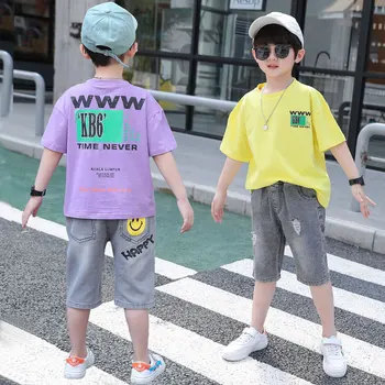  4-14T момчета летни дрехи комплект модни писма отпечатани O-образно деколте къс ръкав тениска & дънки две парчета костюми високо качество