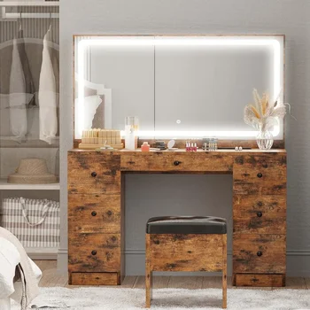  Vanity Desk Set с голямо LED осветено огледало & електрически контакт Дървен скрин за спалня прическа грим маса чекмедже