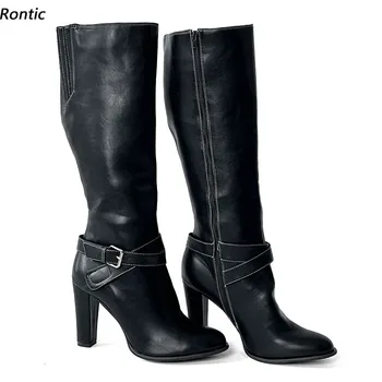  Rontic Ново пристигане жени зимни коляното ботуши Stiffi изкуствена кожа буци токчета кръг Toe елегантен черни парти обувки US размер 5-20