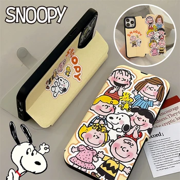  Snoopy сгъваем капак кожен калъф за телефон за iPhone 11 12 Pro Max 13 14 Promax сладък анимационен екран защита с държач случаи