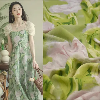  Китайска вятърна трева зелен голям цветен шифон плат, пролетна и лятна рокля-риза, плат Cheongsam Han, висок клас, T2026