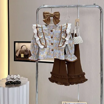  Детско облекло Есенен комплект Дамски дълъг ръкав дантелена флорална риза + ежедневни панталони от две части 2023 Бебе - момиче