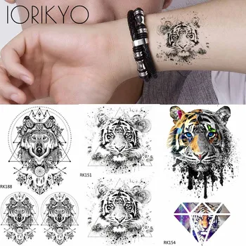  IORIKYO племенен триъгълник тигър временни татуировка стикери жени боди арт рисунка черен фалшив Tatoos паста ръка татуировка мъже китката вълк