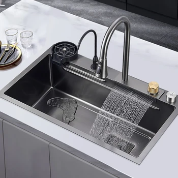  голям многократен размер черен сив нано кухненска мивка мивка мивка водопад единична купа Topmount Undermount кухненска мивка кранче канализация