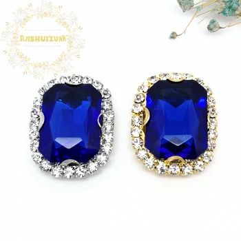  Сапфирено синьо Правоъгълник Сълзотворно стъкло Шийте на кристали със златно дъно Плоски кристали Камъни за DIY аксесоари за облекло