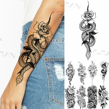 Rose Flower Snake Временни татуировки за жени момичета реалистична змия Dahlia фалшив татуировка стикер предмишница тяло Tatoos водоустойчив