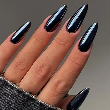  24Pcs Огледален ефект Черен бадем Фалшиви нокти Cool Black Durable Никога не разделя фалшиви нокти за професионално снабдяване с нокти