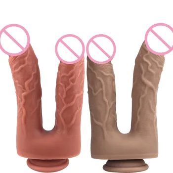  Двойно дилдо Реалистичен мек пенис смукателна чаша силиконов вагинален анален секс играчка дами мастурбатор лесбийки двойно пенис гащички 18+
