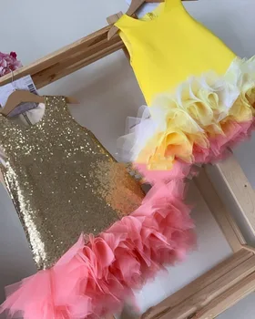  Colorfu Пайети пухкава торта рокля за момиче Хелоуин без ръкави рокли тийнейджъри Бална рокля за конкурс сватбено парти за рожден ден Бебешка рокля