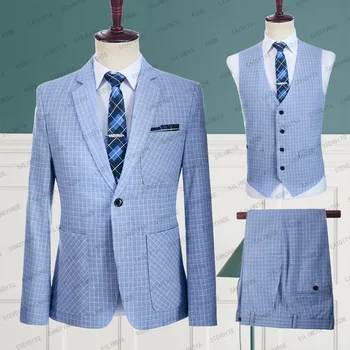  2023 висок клас марка летни мъже официални бизнес бельо костюми синьо и бяло каре младоженец сватбена рокля 3 бр комплект (яке + жилетка + панталони)