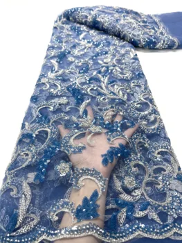  Ръчно изработен формован дантелен тюл плат за жени, кралско синьо, пайети, нигерийска абитуриентска рокля, френска мода, лукс, тежък, висок квали
