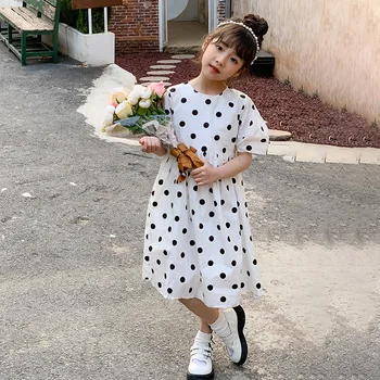 Girls Памучна рокля Лятна корейска стилна детска всекидневна облекло Сладка полка точка свободна принцеса рокля 2023