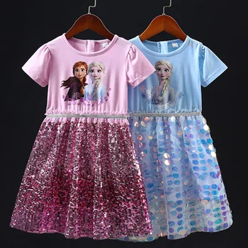  Замразени Елза Анна принцеса пайети лятна рокля бебе деца карикатура Дисни сладък причинно-следствен вестидос детски дрехи за 2-12 години