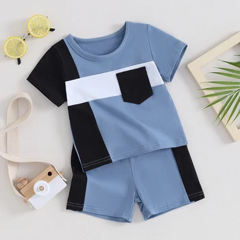  Baby Boy летни дрехи контрастен цвят къси ръкави бебешки тениски бебешки шорти бебе момче екипировки с джоб
