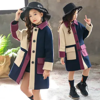  Kids Teen Girls Вълнено палто Есен Зима 2023 Корейски пачуърк контраст цвят изненадващ яка еднореден 5-14 години