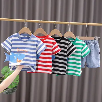  Ново лято Бебе Момче Момичета Дрехи Бебешки памучни ленти Тениска Шорти 2бр / комплекти Детска мода Облекло Детски анцузи комплекти