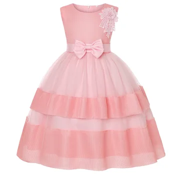  Цвете момичета Мъниста Розова рокля с лък Сватбено парти Принцеса рокля без ръкави Сватбено детско облекло Рокля за рожден ден